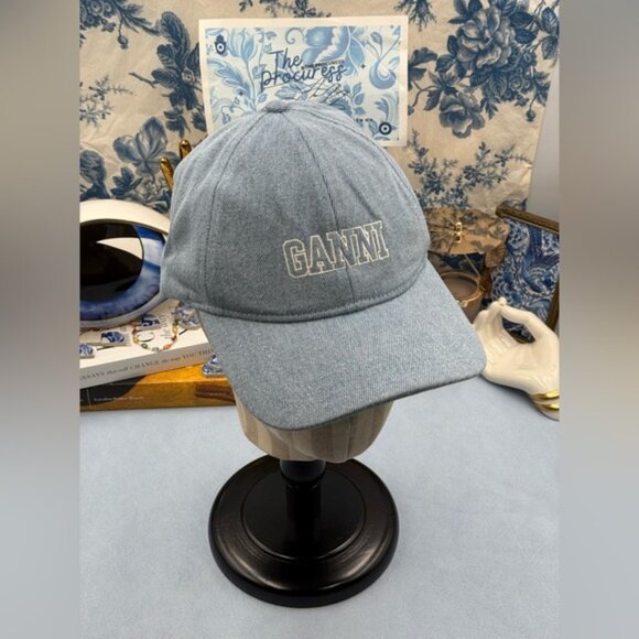 🆕 GANNI 🧿 NWT White Logo Embroidered Blue Denim Baseball Cap, Woman's Hat - Picture 2 of 14